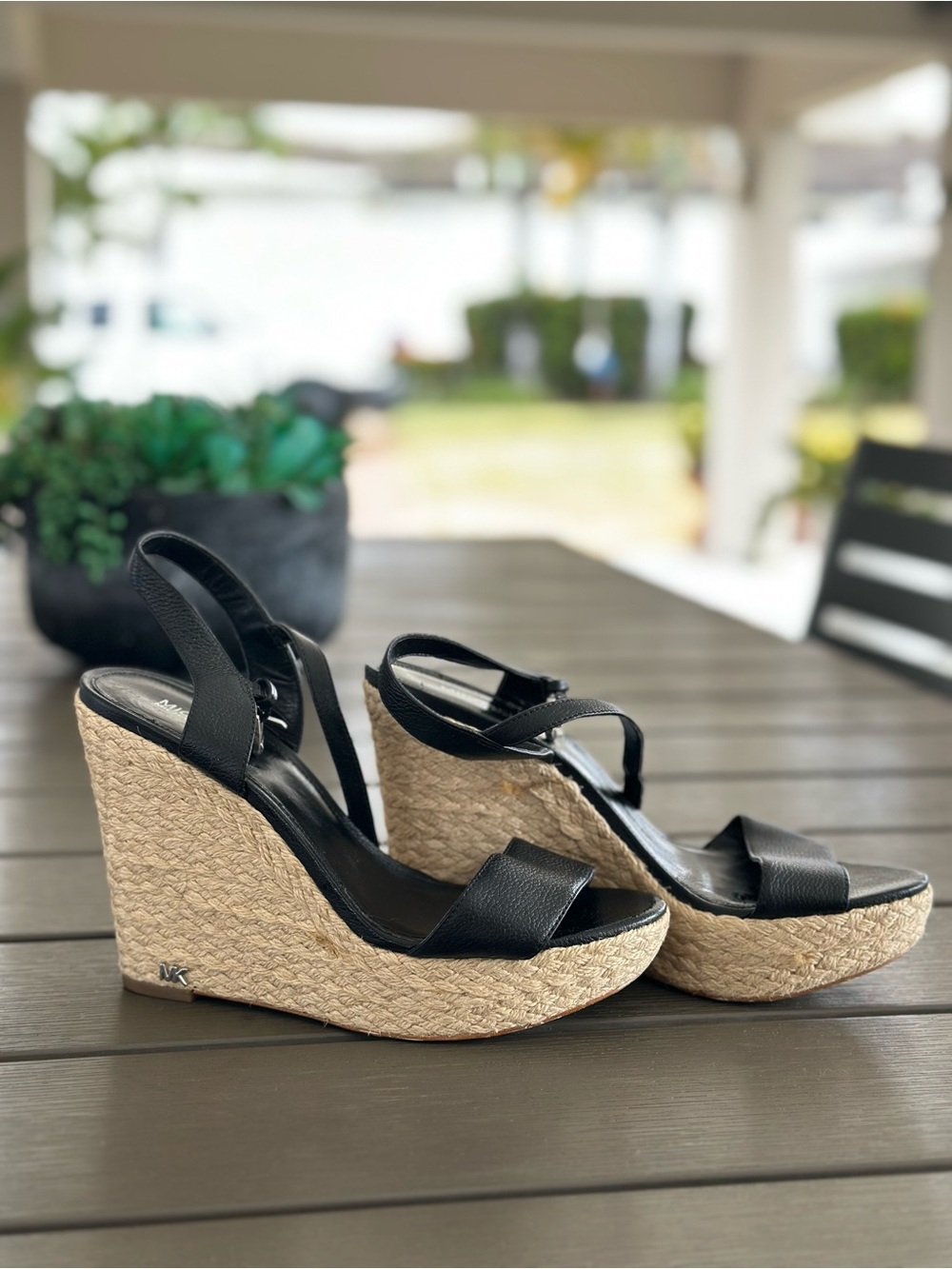 Michael Kors Black Leather Espadrille Wedge Sandals with Natural Jute Heel